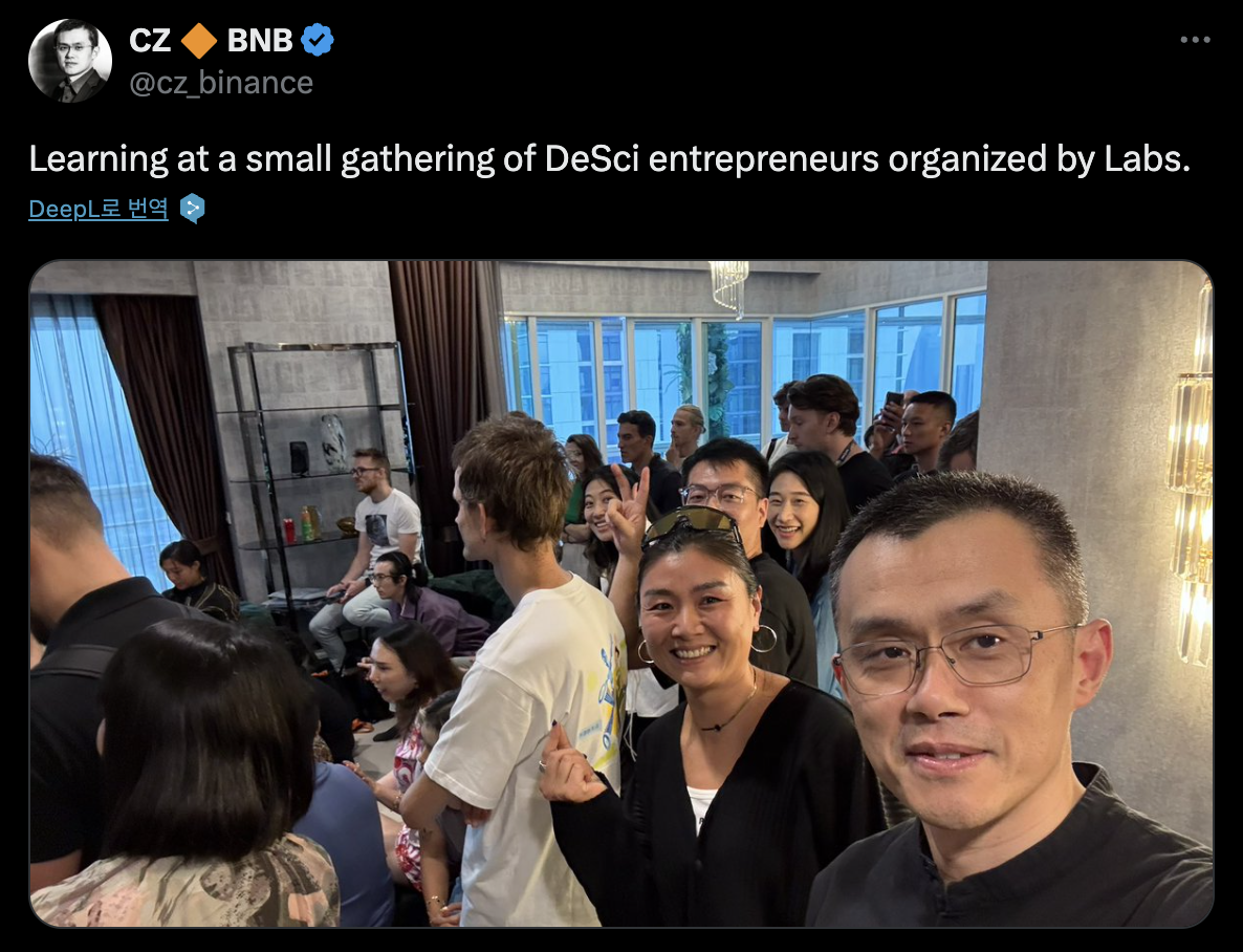 Former Binance CEO CZ Zhao took a photo with Vitalik Buterin at DESCI DAY; @cz_binance