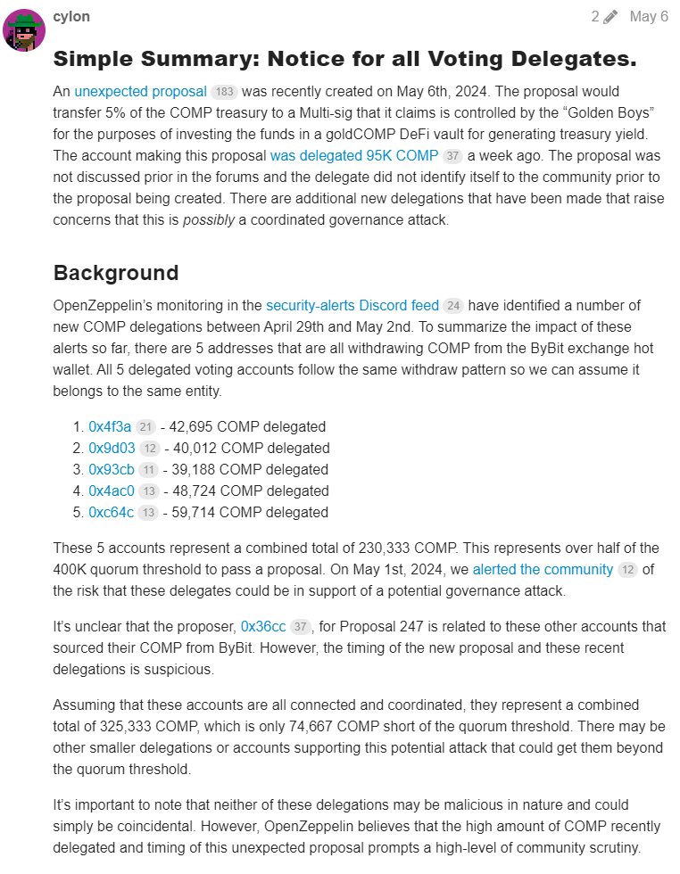 Michael Lewellen (오픈제플린)의 제안 279에 대한 의견
출처: https://www.comp.xyz/t/governance-security-notice-goldcomp-proposal-247/5220