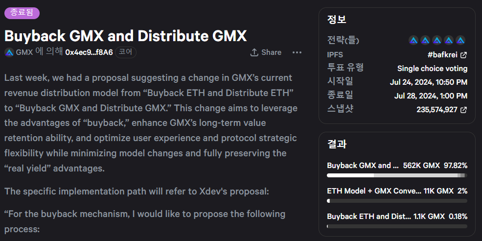 Buyback GMX and Distribute GMX: https://snapshot.org/#/gmx.eth/proposal/0x050a7a3a4490642fa545b1ea0b8612f23e69b9c6c81983bfd235ea62461d8fe2