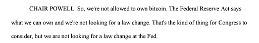 비트코인에 대한 물음에 연준은 비트코인을 보유할 수 없다고 답하는 파월 의장; 출처: FOMC 기자회견 전문